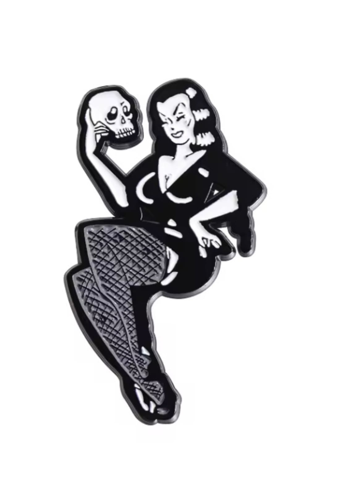 Gothic Dead Girl Enamel Pin: Pin-up mit Totenkopf und Netzstrümpfen